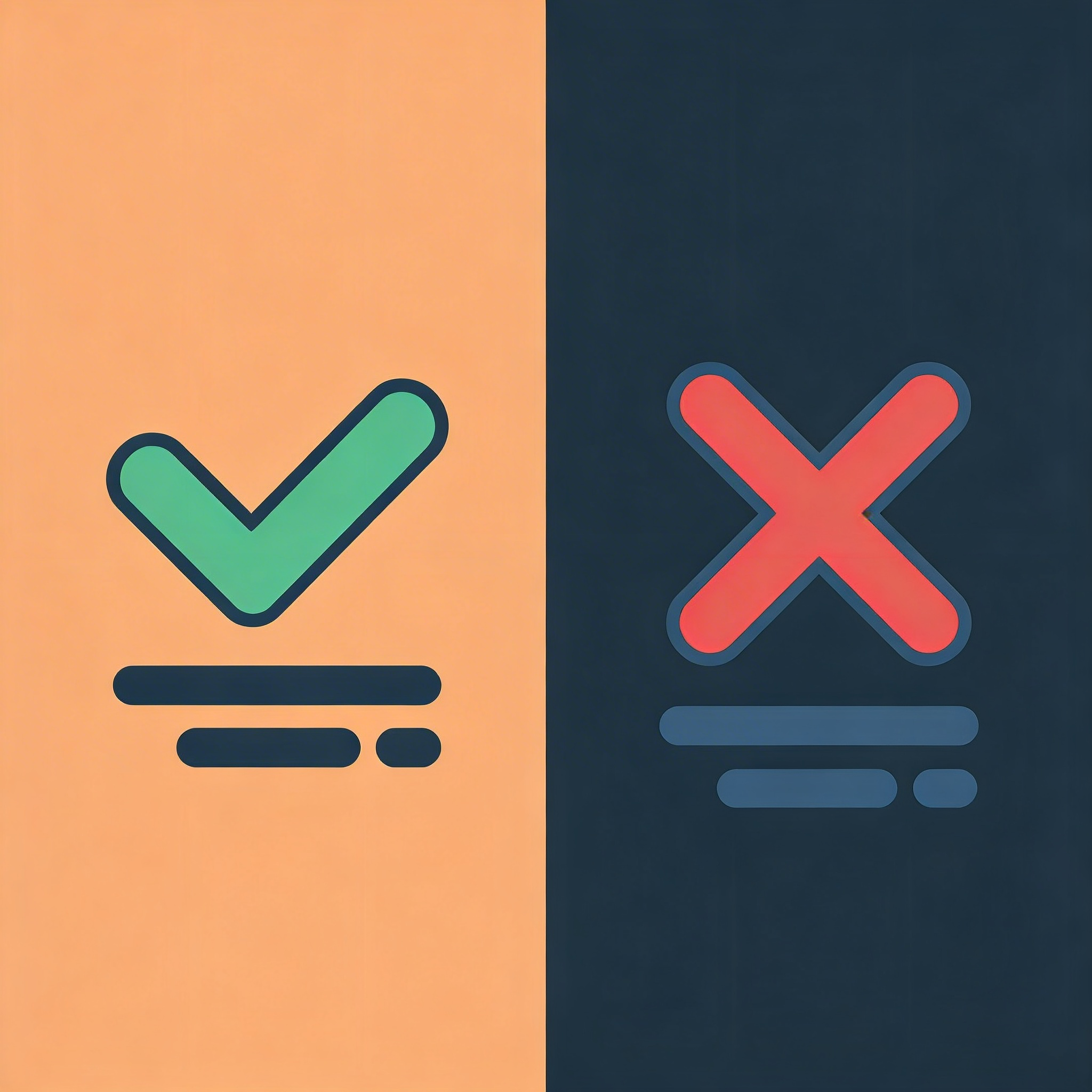 Left side shows easy demo interface with checkmark, right side shows complex real app development with X mark